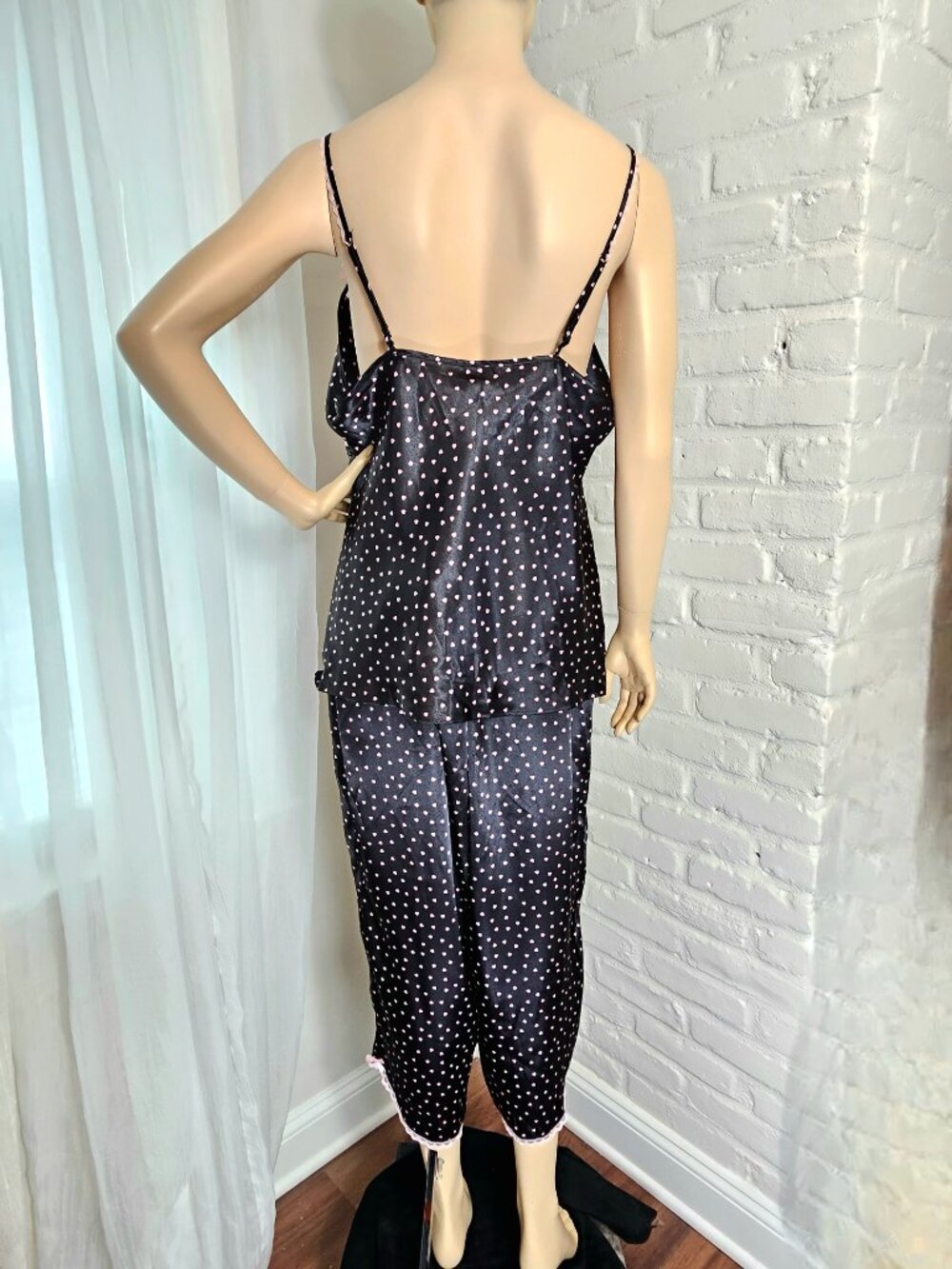 Gilligan & O'Malley Satin Cami Pajama Set NWT Size XL Black Pink Heart Print - Picture 3 of 8